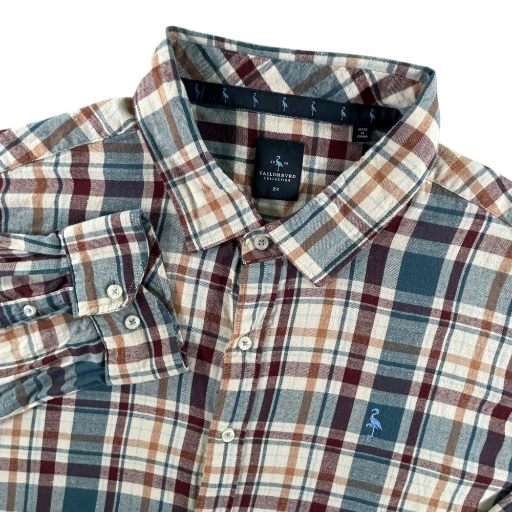 TailorByrd Collection Mens 2X Plaid Button Down Shirt Blue Burgundy Flamingo